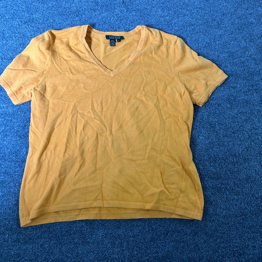 Lauren Ralph Lauren Sweater Womens XL Orange V-Neck Short Sleeve Cotton Snag